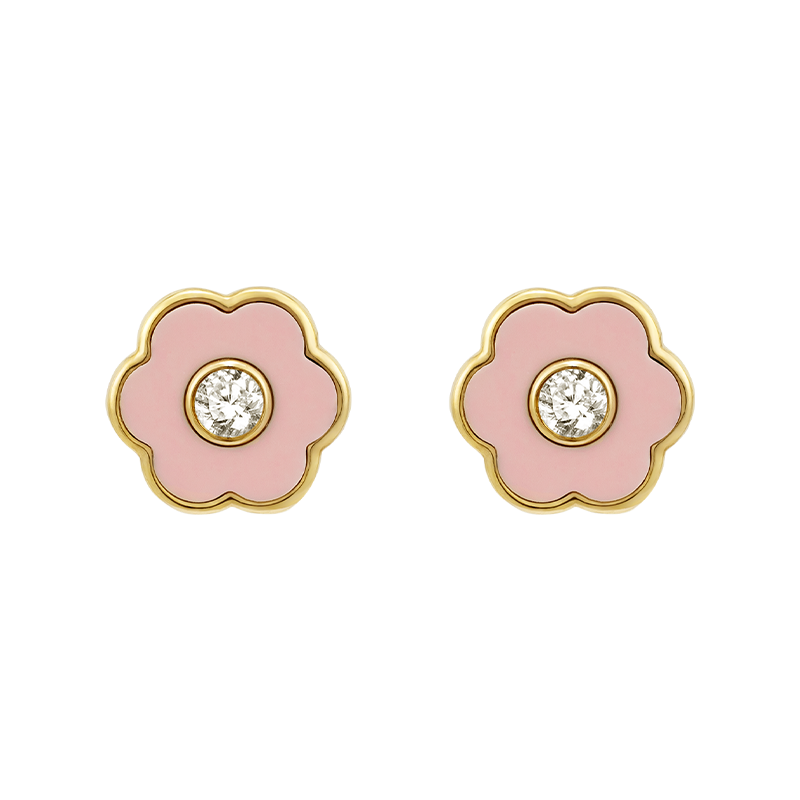 Love Continue Collection Mother Daughter Matching 18K Gold Enamel Diamond Petite Flower Stud Earrings Helas Jewelry Enamel 2 Pairs Pink Pink