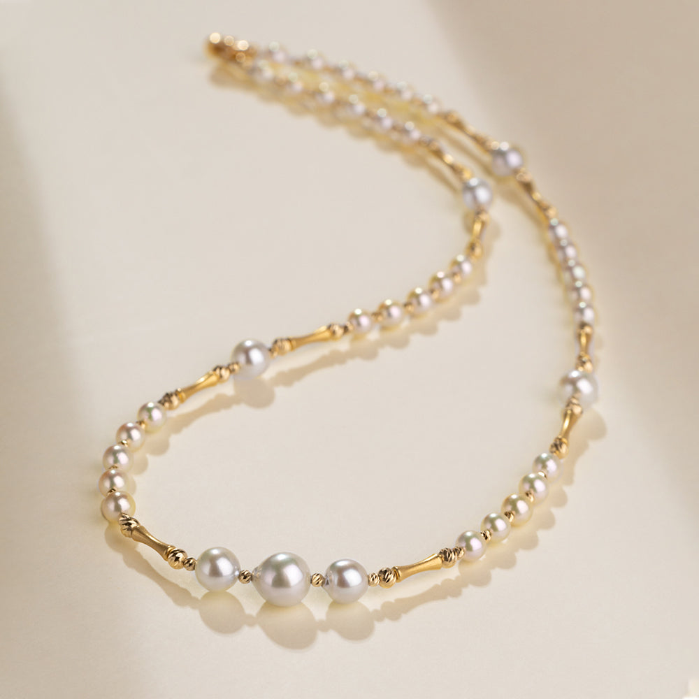 Baroque Akoya Pearl 18K Gold Cream Tone Bamboo Knot Necklace