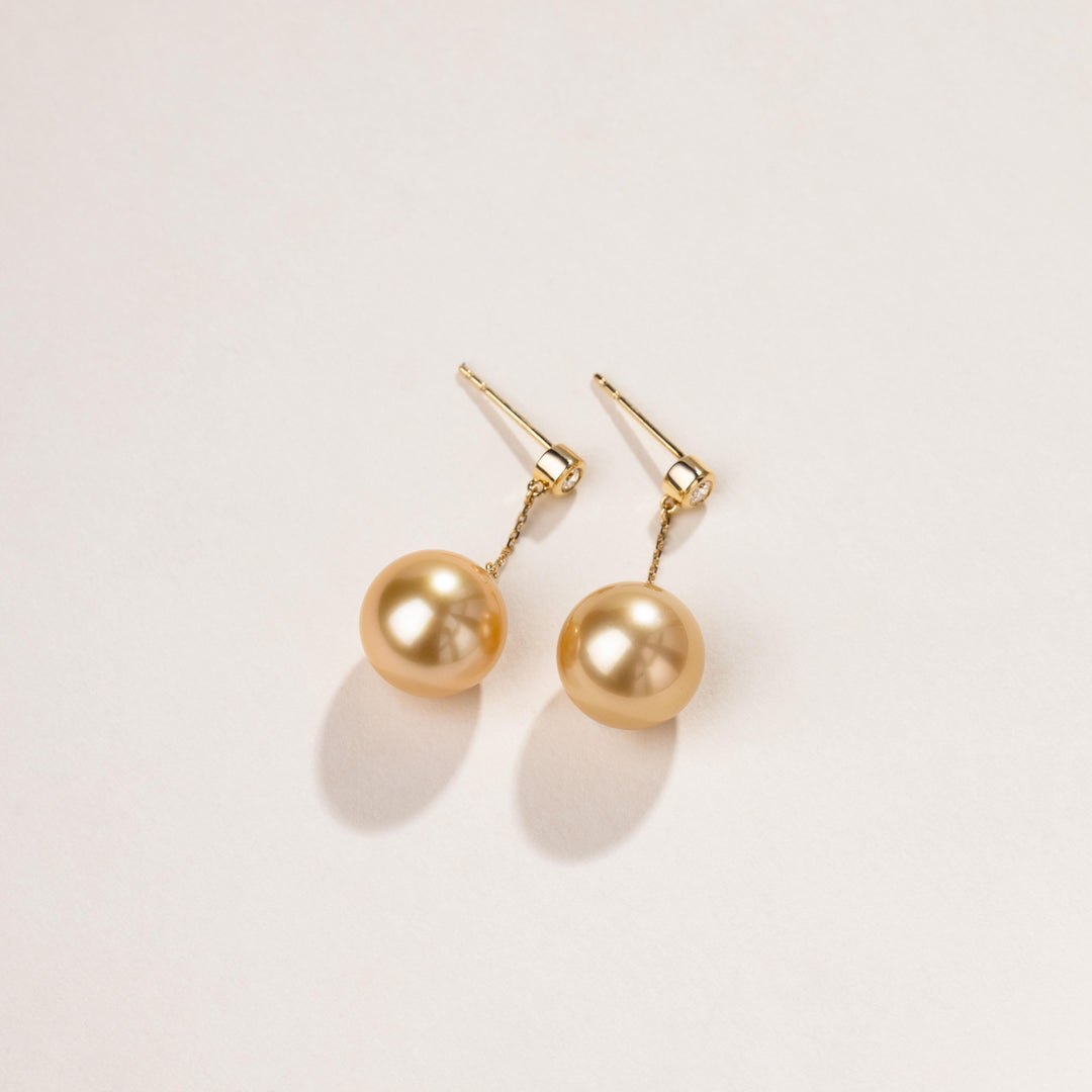South Sea Golden Pearl 18K Gold Diamonds Drop Earrings