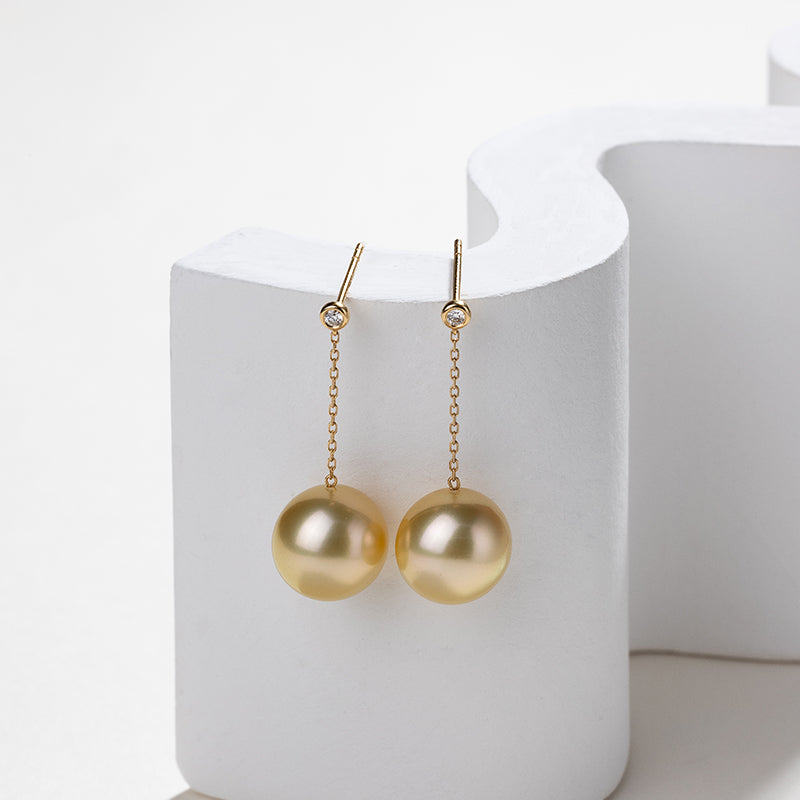 South Sea Golden Pearl 18K Gold Diamonds Drop Earrings