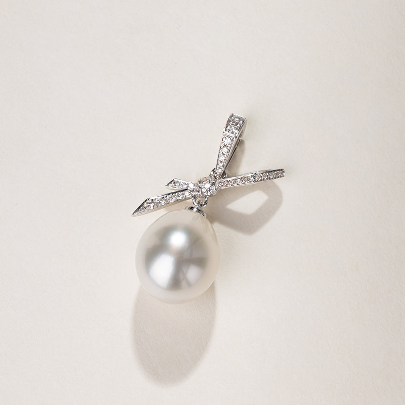 Teardrop South Sea Pearl 18k Gold Diamond Bow Pendant Necklace