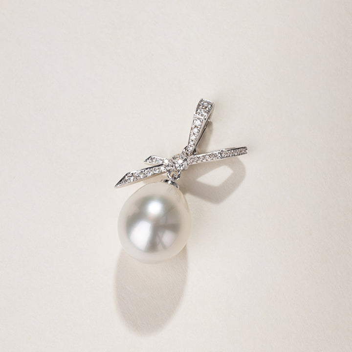 Teardrop South Sea Pearl 18k Gold Diamond Bow Pendant Necklace