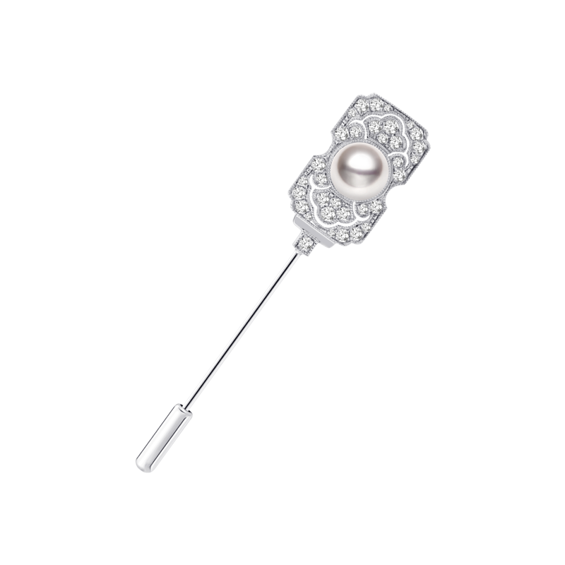 Akoya Pearl Brooch 18K White Gold Diamond Pin