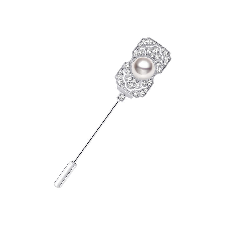 Akoya Pearl Brooch 18K White Gold Diamond Pin