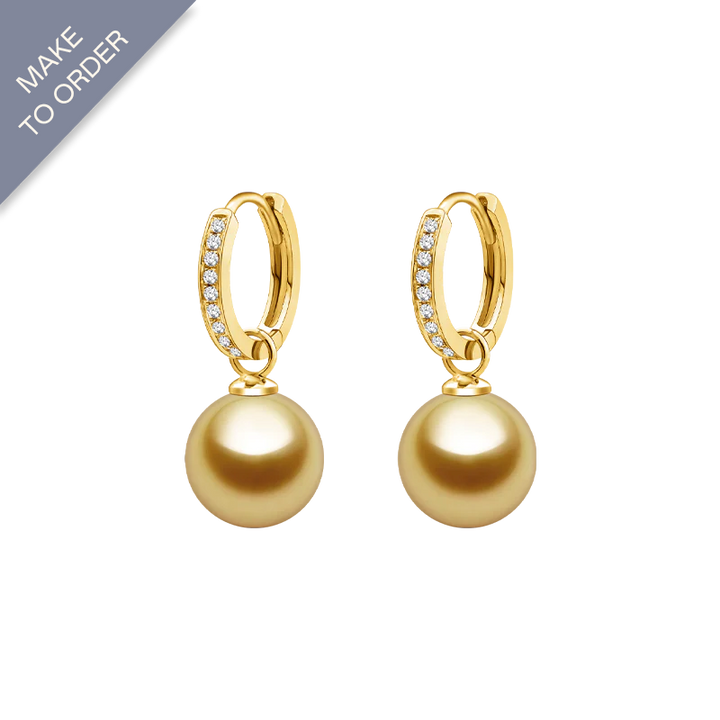 South Sea Golden Pearl 18K Gold Round Diamonds Earrings