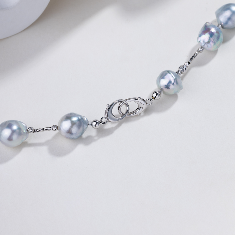 Silver Blue Baroque Pearl 18K Gold Sparkling Long Station Necklace