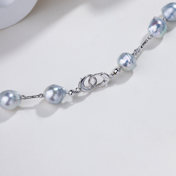 Silver Blue Baroque Pearl 18K Gold Sparkling Long Station Necklace