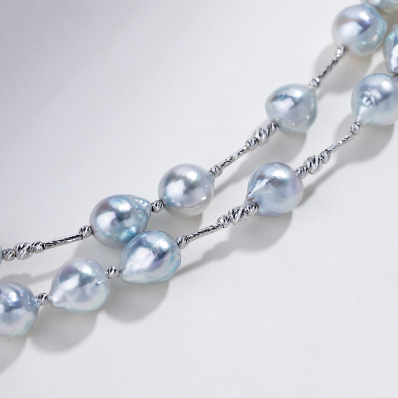 Silver Blue Baroque Pearl 18K Gold Sparkling Long Station Necklace