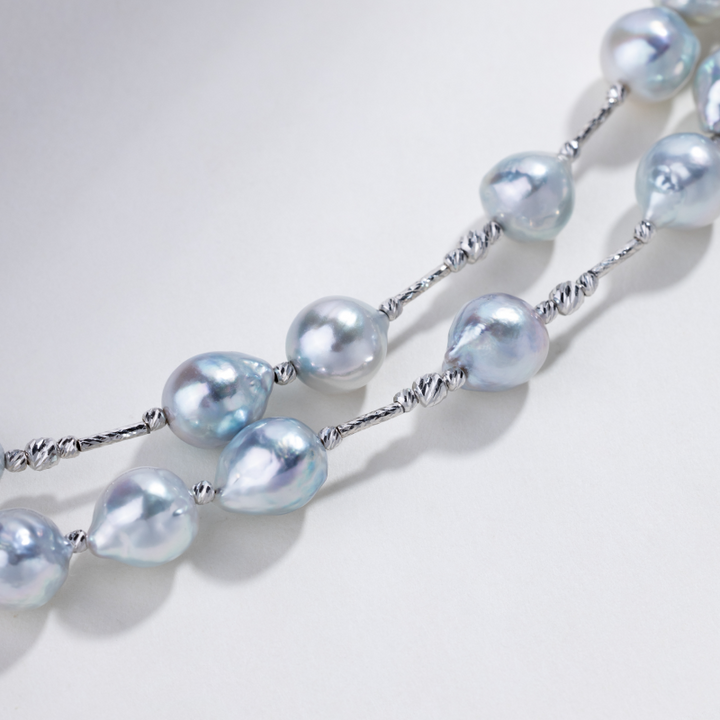 Silver Blue Baroque Pearl 18K Gold Sparkling Long Station Necklace