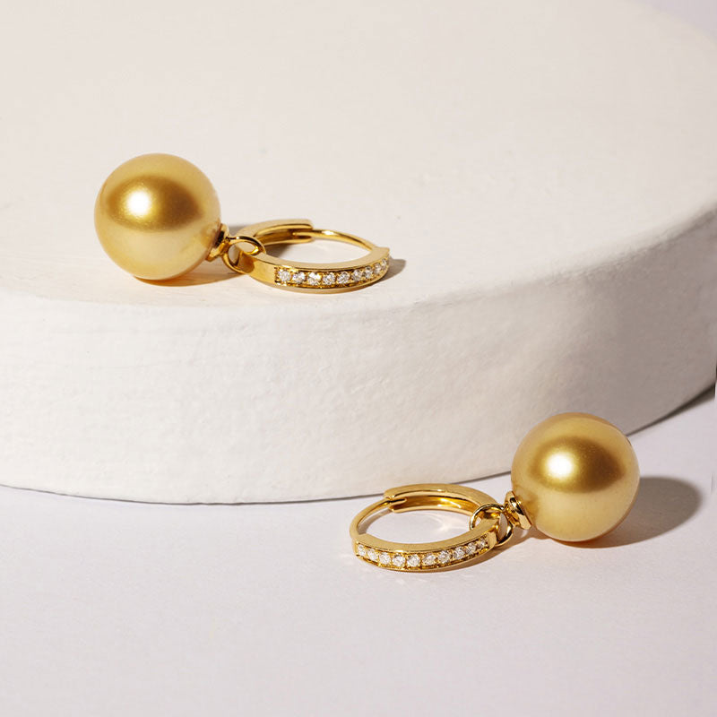 South Sea Golden Pearl 18K Gold Round Diamonds Earrings