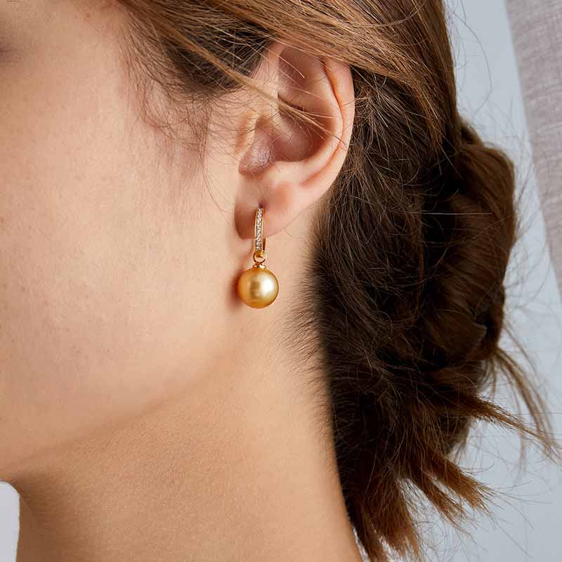 South Sea Golden Pearl 18K Gold Round Diamonds Earrings