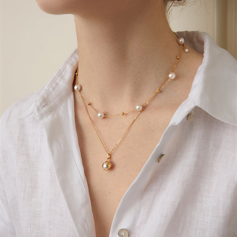 Akoya Saltwater Pearl 18K Gold Diamond Pearl-encased Necklace