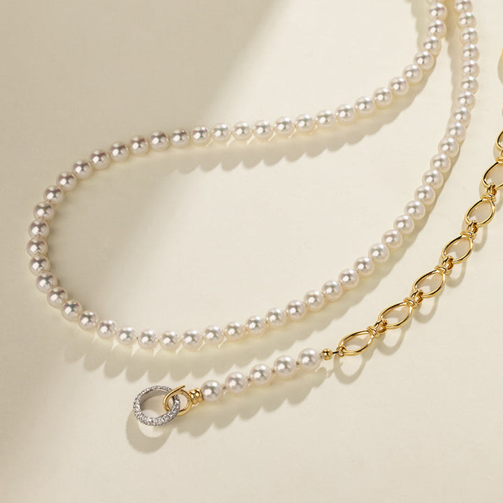 Akoya Saltwater Pearl 18K Gold Diamond Infinity Loop Long Sweater Chain Necklace