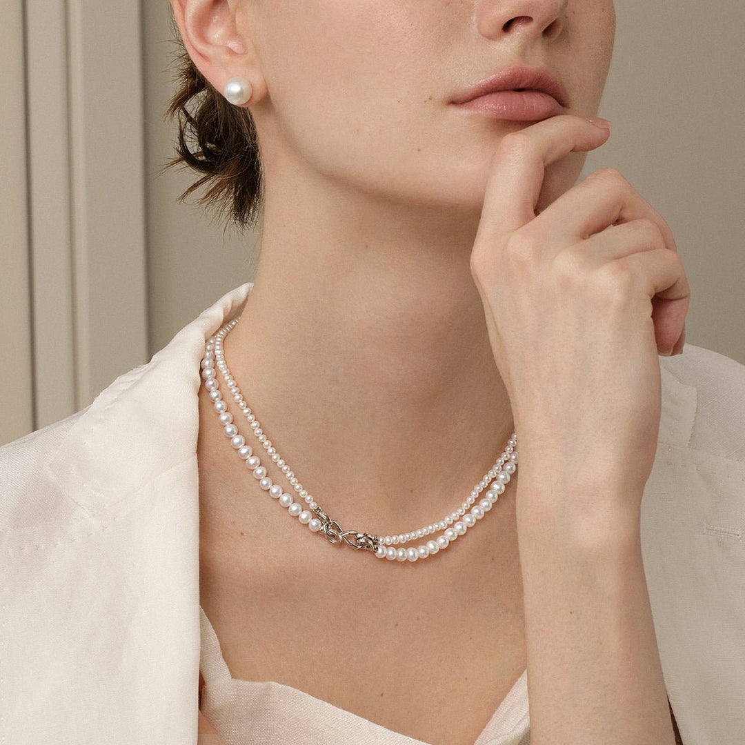 Freshwater Pearl & 925 Sterling Silver Removable Double - Strand Necklace - HELAS Jewelry
