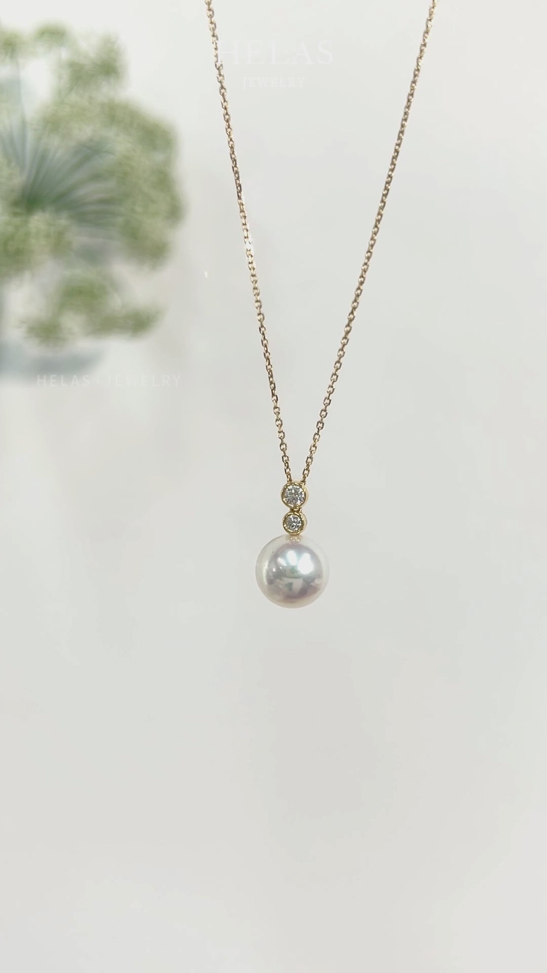 Akoya Pearl 18K Gold Twin Diamond Pendant Necklace