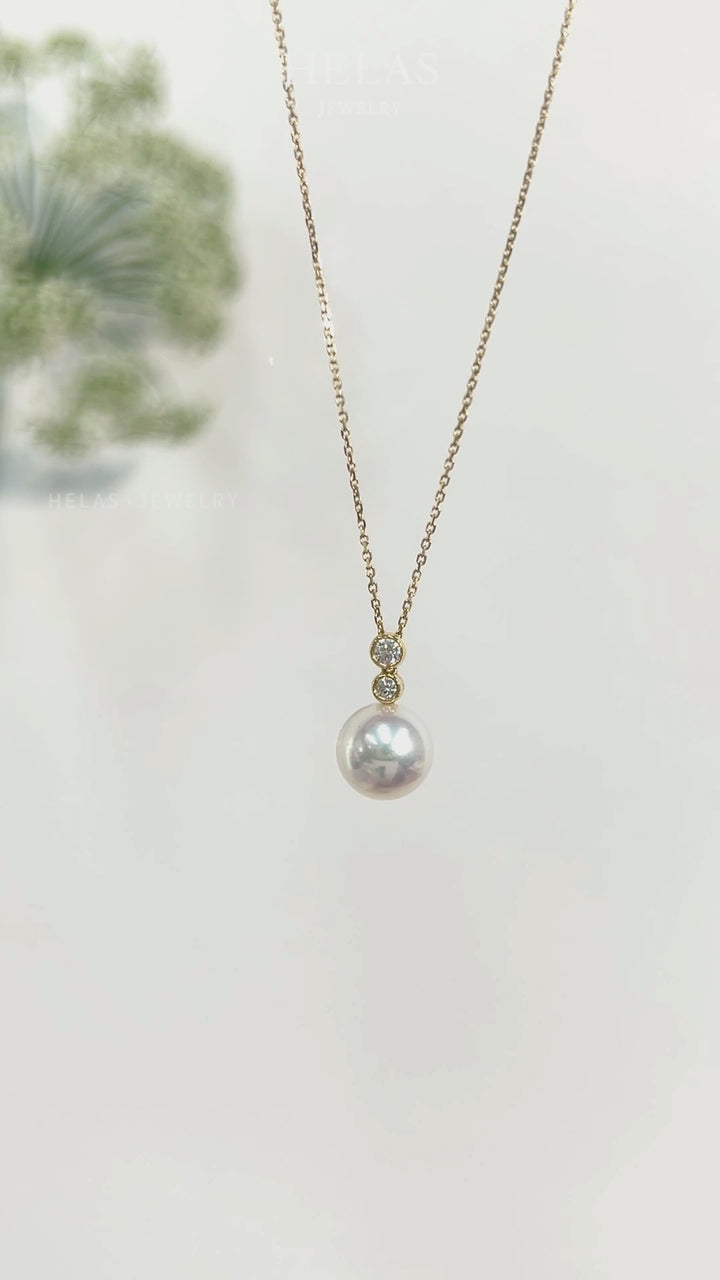 Akoya Pearl 18K Gold Twin Diamond Pendant Necklace