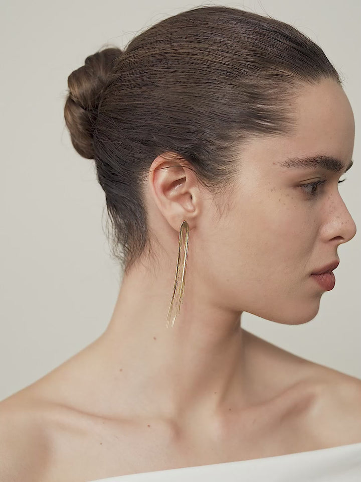 18K Gold Herringbone Chain Pure Metal Eardrop Earring