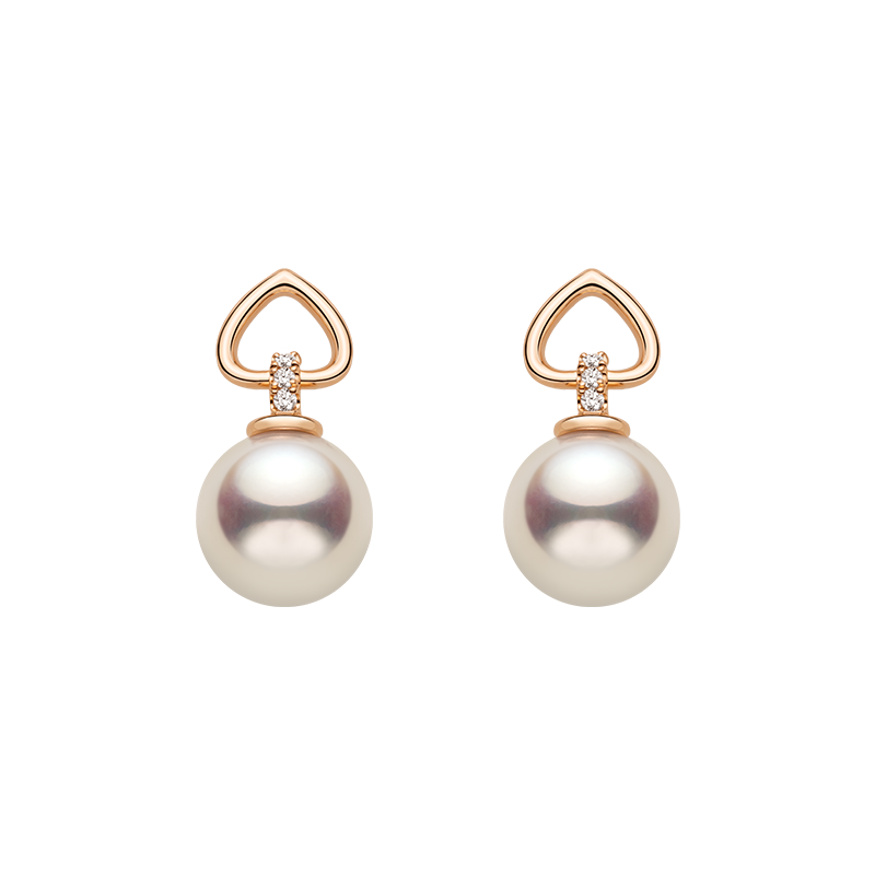 Akoya Pearl 18K Gold Diamond Red Heart Studs Earrings