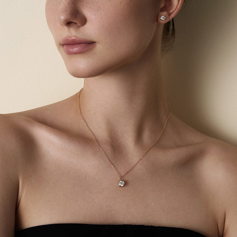 Lab-grown diamond gold vermeil bezel pendant necklace and matching stud earrings set