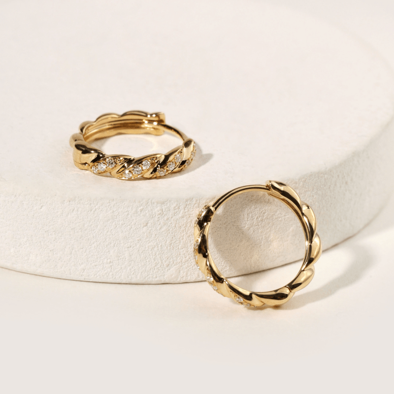 18K Gold Diamond Twist Huggie Hoop Earrings - HELAS Jewelry