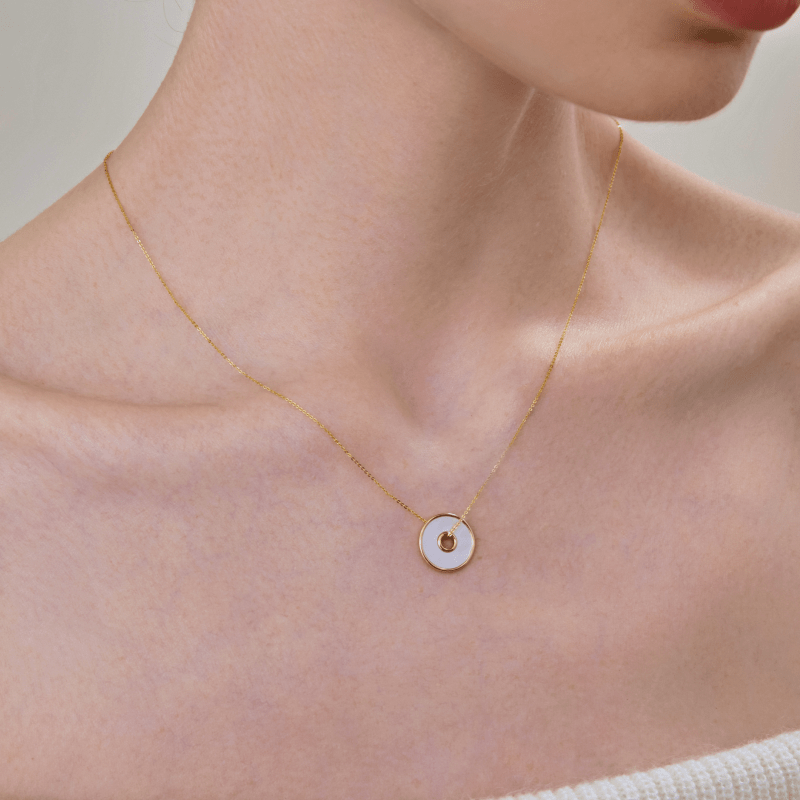 18K Solid Gold Mother of Pearl Round Hole Coin Necklace - HELAS Jewelry