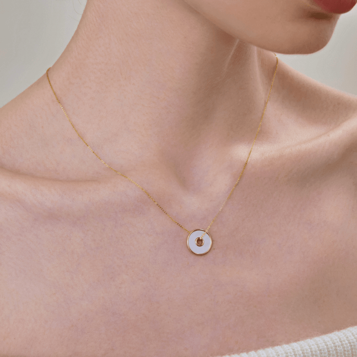 18K Solid Gold Mother of Pearl Round Hole Coin Necklace - HELAS Jewelry