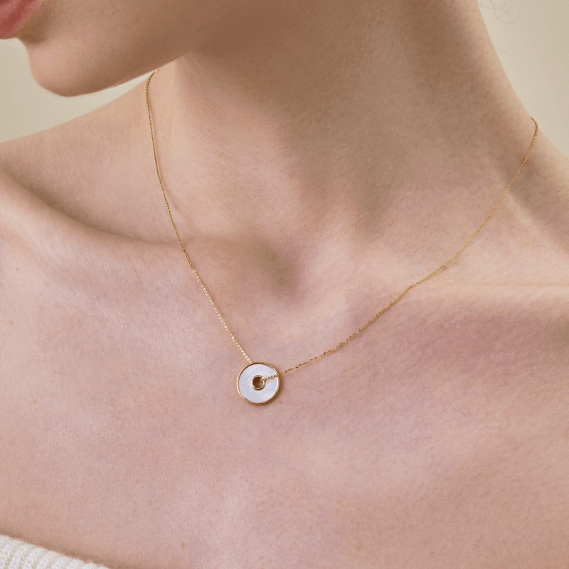 18K Solid Gold Mother of Pearl Round Hole Coin Necklace - HELAS Jewelry