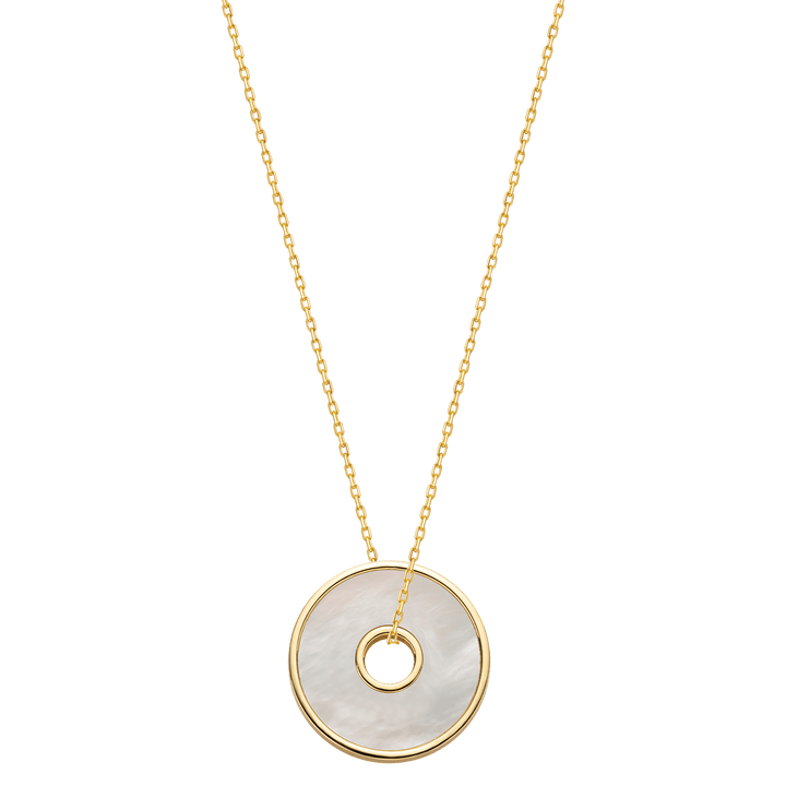 18K Solid Gold Mother of Pearl Round Hole Coin Necklace - HELAS Jewelry