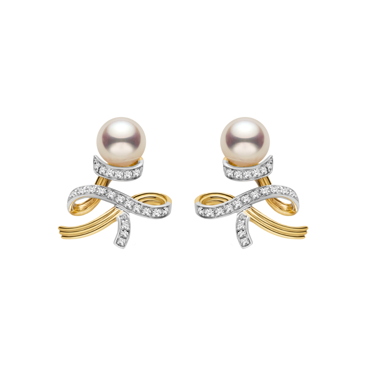 Akoya Pearl 18K Gold Diamonds Two-tone Ribbon Wish Tree Earrings