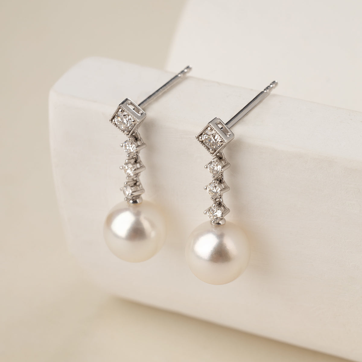 Akoya Pearl 10K White Gold Diamond Kite Shaped Stud Earrings