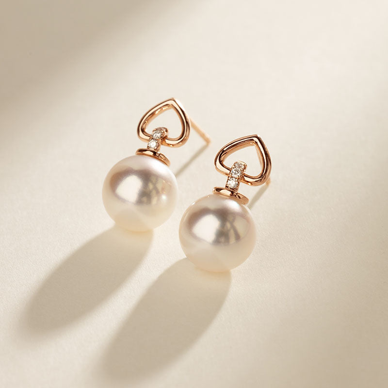 Akoya Pearl 18K Gold Diamond Red Heart Studs Earrings