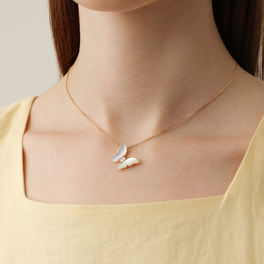 Mother-of-Pearl 9K Gold Lab-Grown Diamond Butterfly Sugar Cube Pendant Necklace