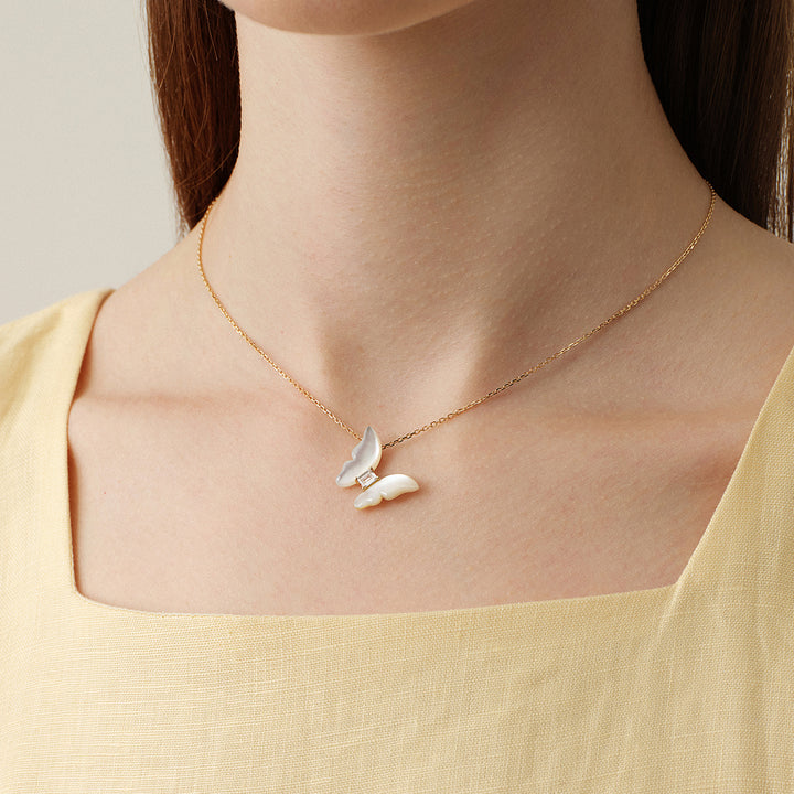 Mother-of-Pearl 9K Gold Lab-Grown Diamond Butterfly Sugar Cube Pendant Necklace