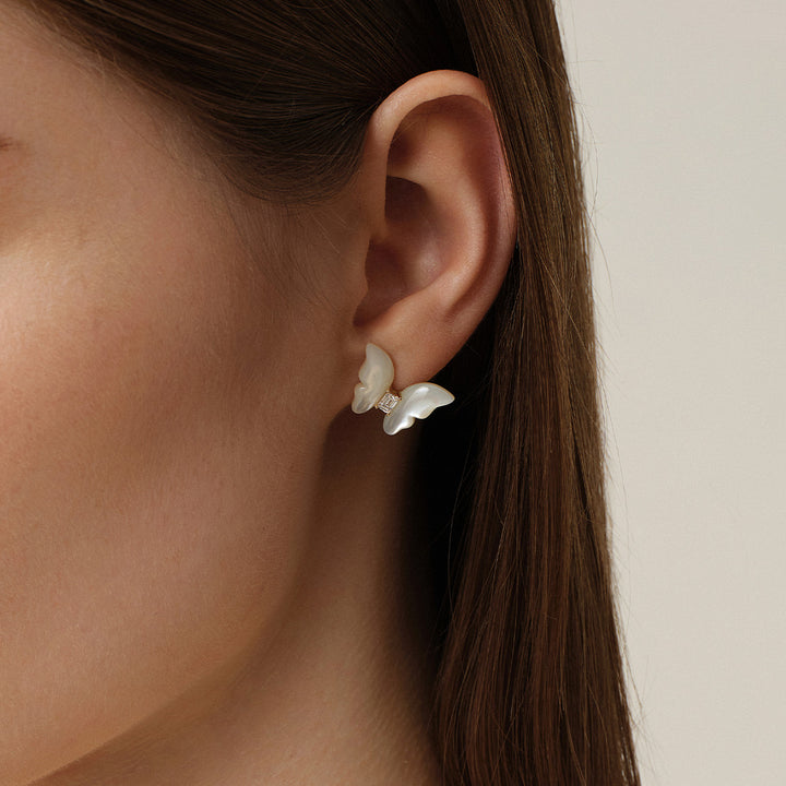 Mother-of-Pearl 9K Gold Lab-Grown Diamond Butterfly Sugar Cube Stud Earrings