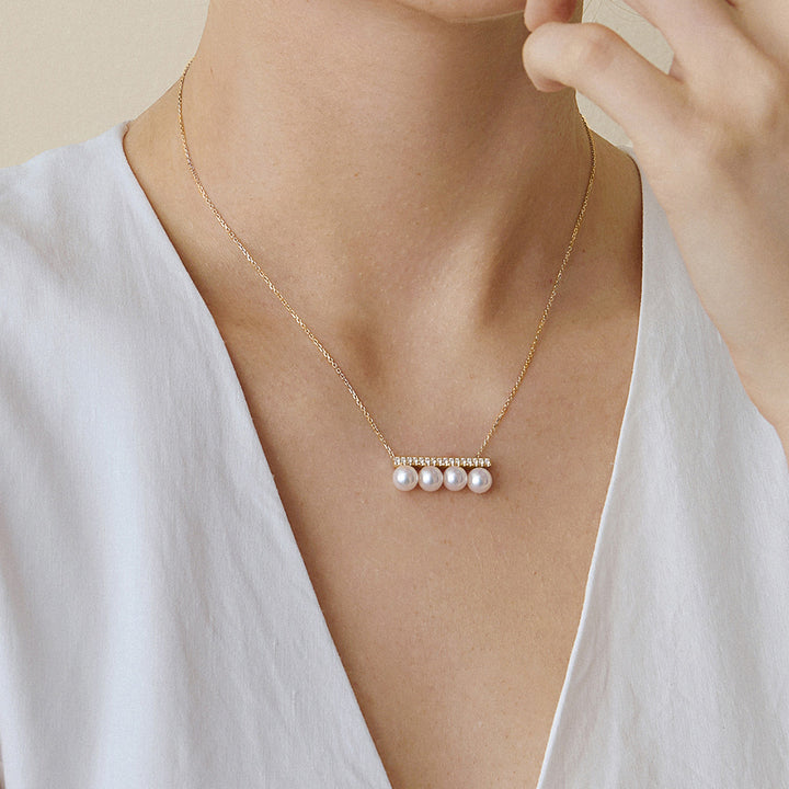 Akoya Pearl 18K Yellow Gold Balance Beam Diamond Necklace