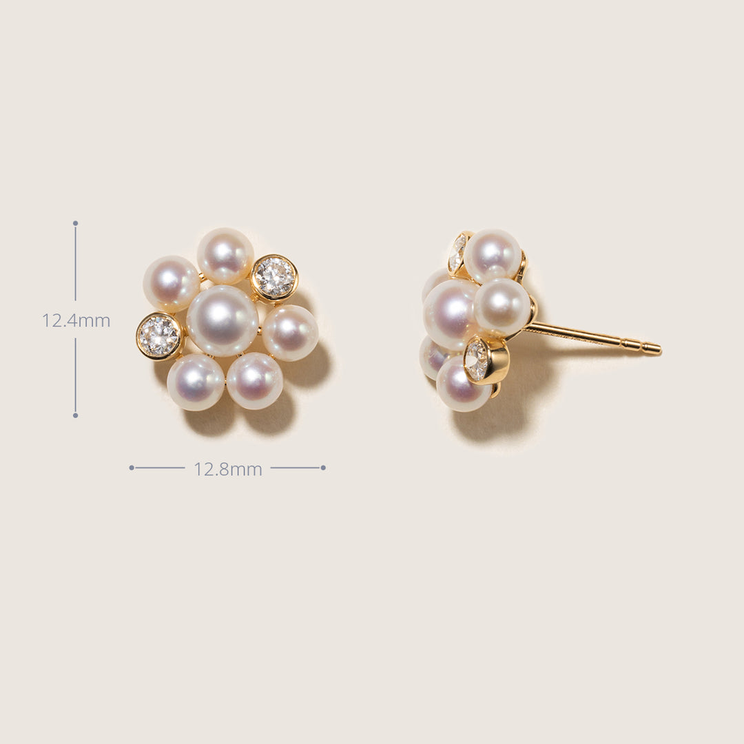 Freshwater Pearl 9K Gold Lab-Grown Diamond Dandelion Stud Earrings