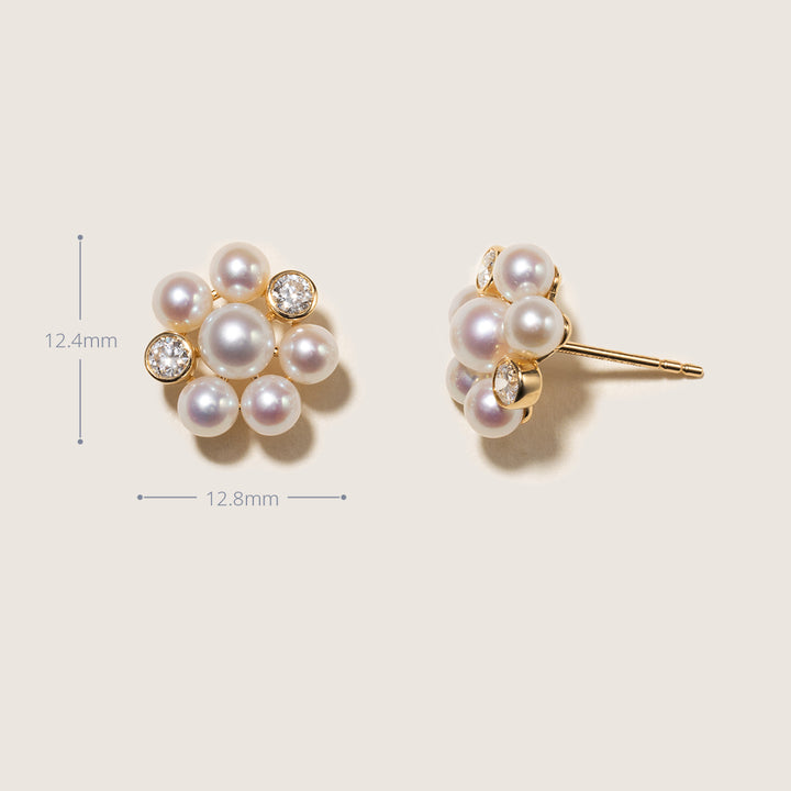 Freshwater Pearl 9K Gold Lab-Grown Diamond Dandelion Stud Earrings