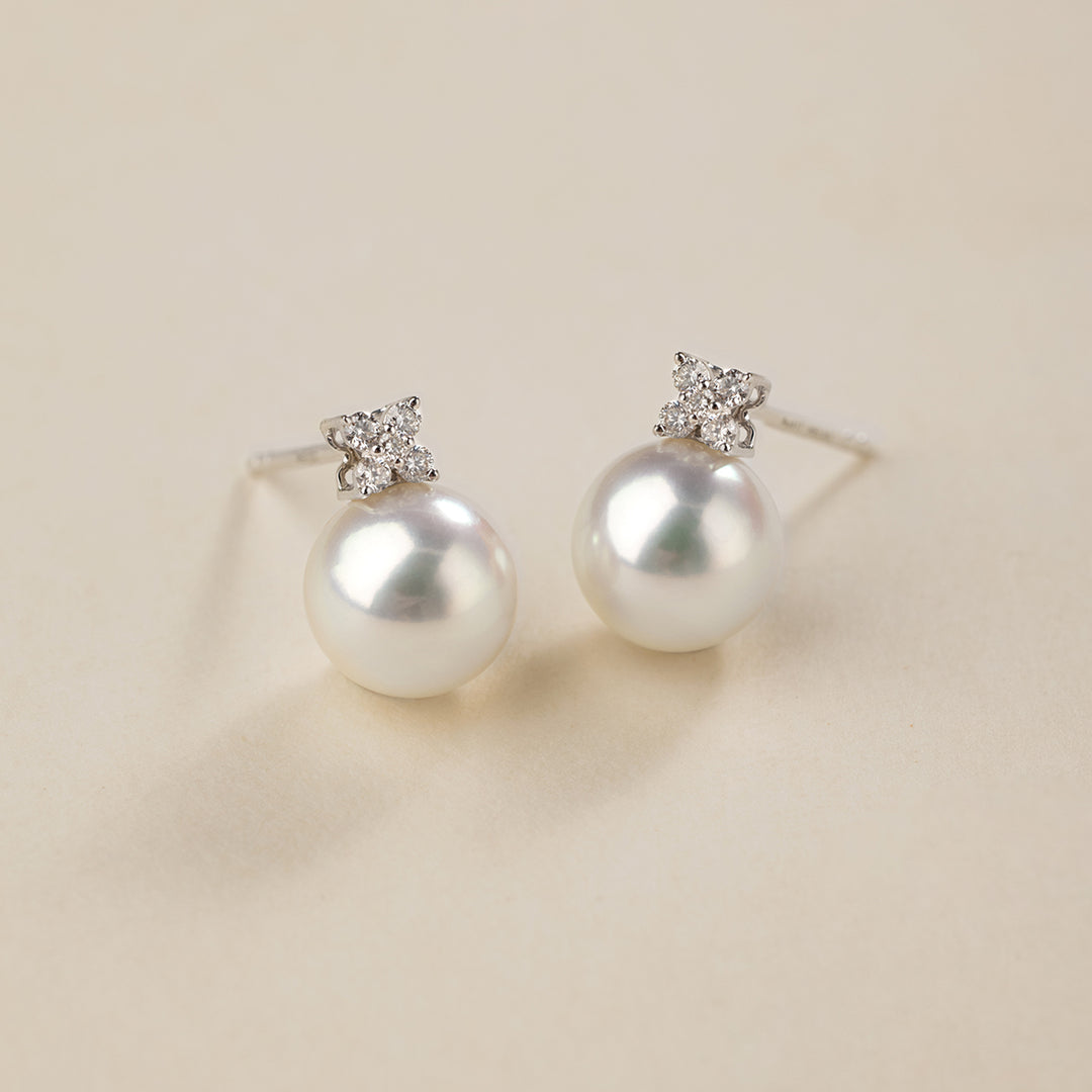 Akoya Pearl 10K White Gold Diamond Clover Stud Earrings