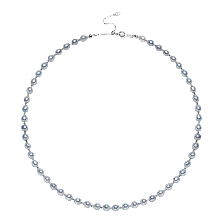 Baroque Silver-blue Pearl 18K Gold Alternating Bead Necklace