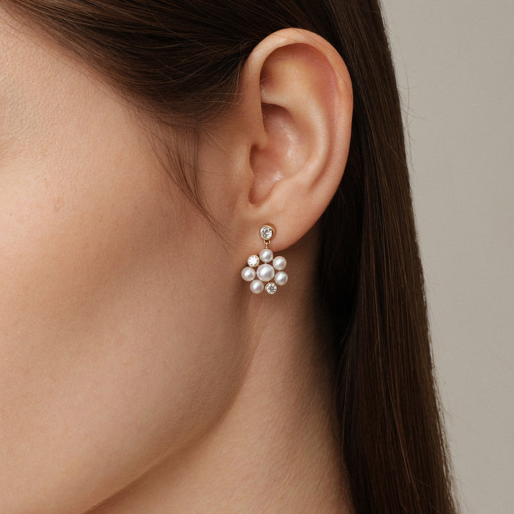 Freshwater Pearl 9K Gold Lab-Grown Diamond Dandelion Drop Earrings