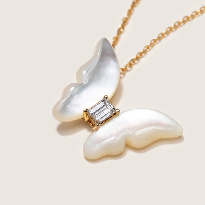 Mother-of-Pearl 9K Gold Lab-Grown Diamond Butterfly Sugar Cube Pendant Necklace