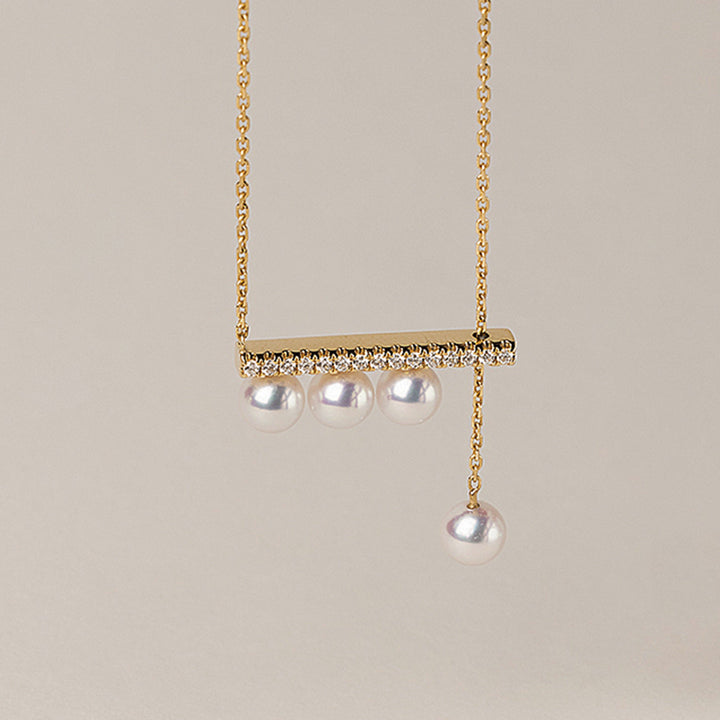 Akoya Pearl 18K Yellow Gold Balance Beam Diamond Necklace