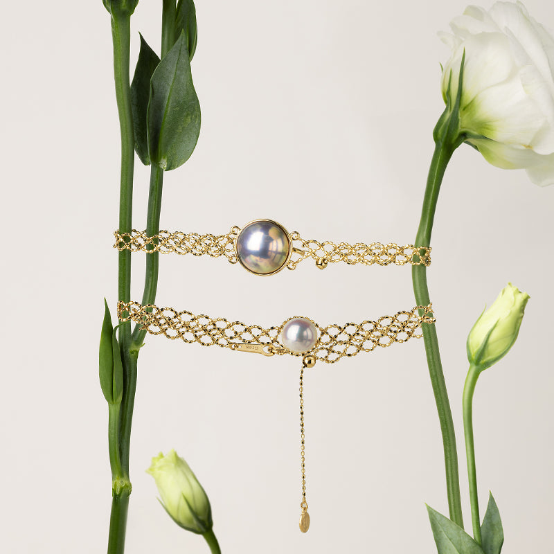 Mabe Pearl 18K Gold Woven Beaded Chain Bracelet