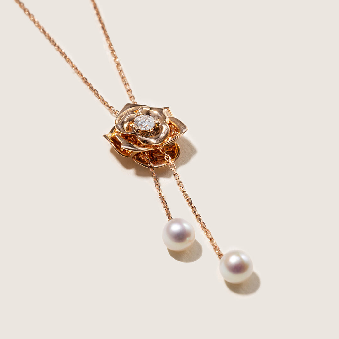 Freshwater Pearl 9K Rose Gold Lab-Grown Diamond Dewdrop Rose Necklace