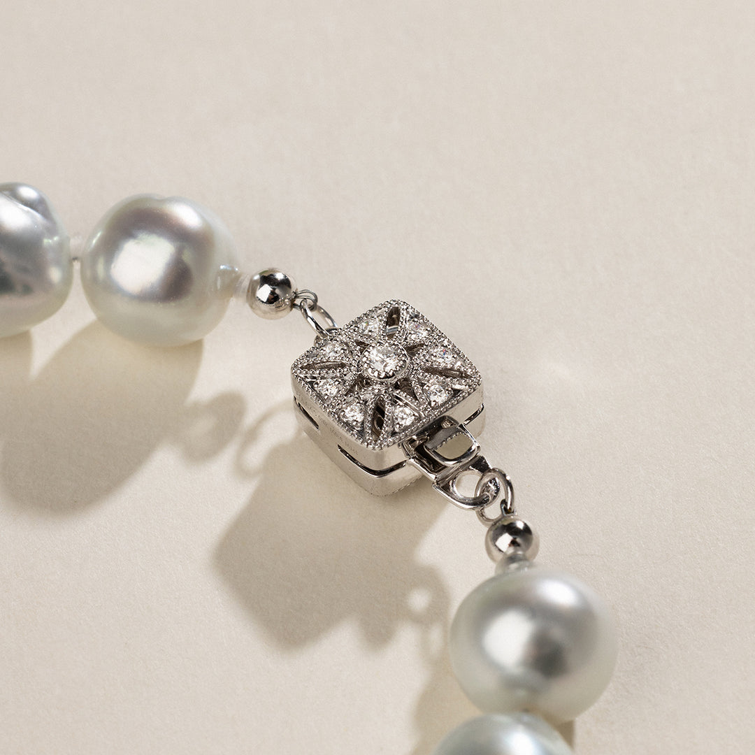South Sea Pearl 10K White Gold Square Clasp Diamond Elegant Bracelet