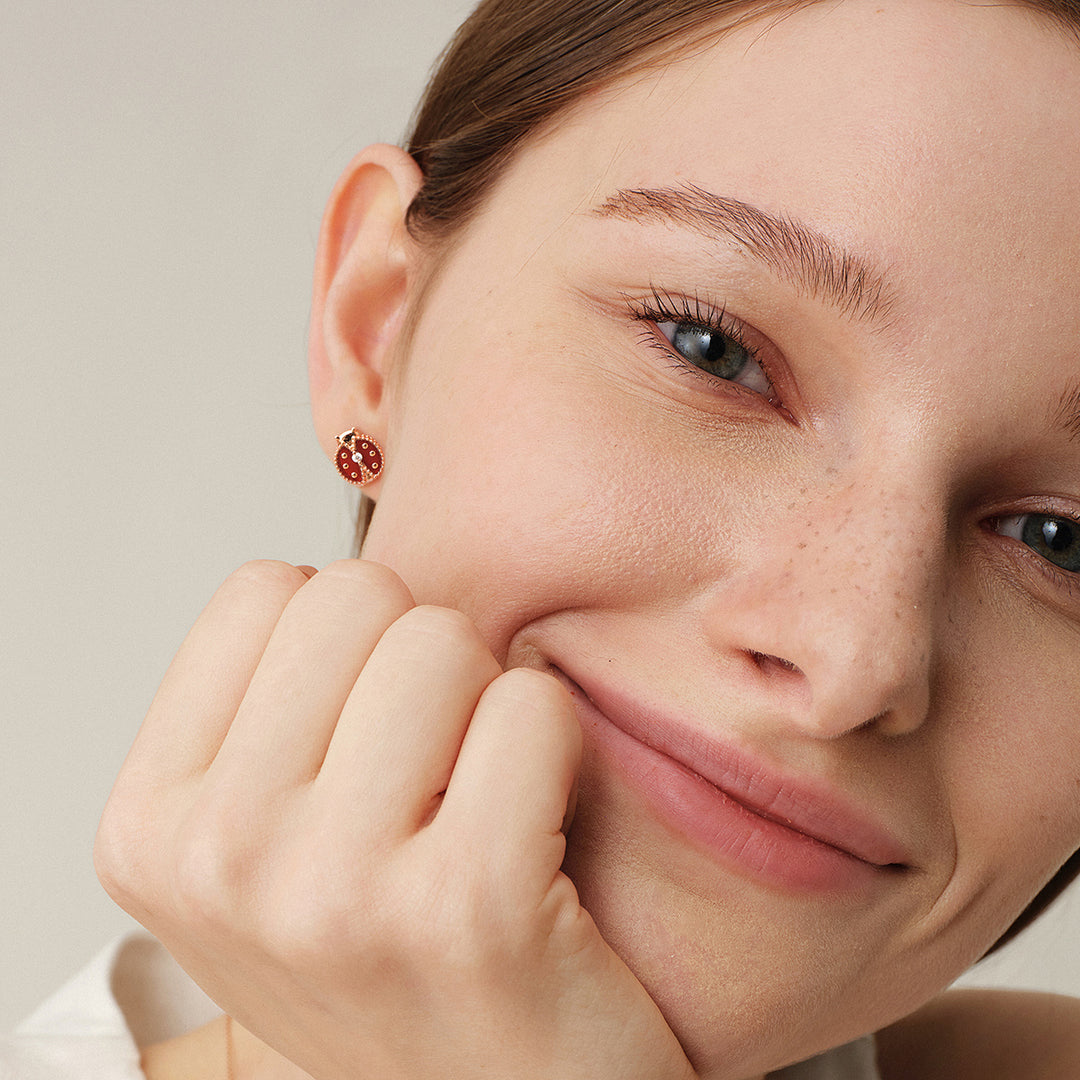 Red Agate 9K Rose Gold Lab-Grown Diamond Insect Stud Earrings