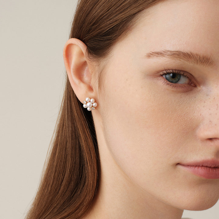 Freshwater Pearl 9K Gold Lab-Grown Diamond Dandelion Stud Earrings