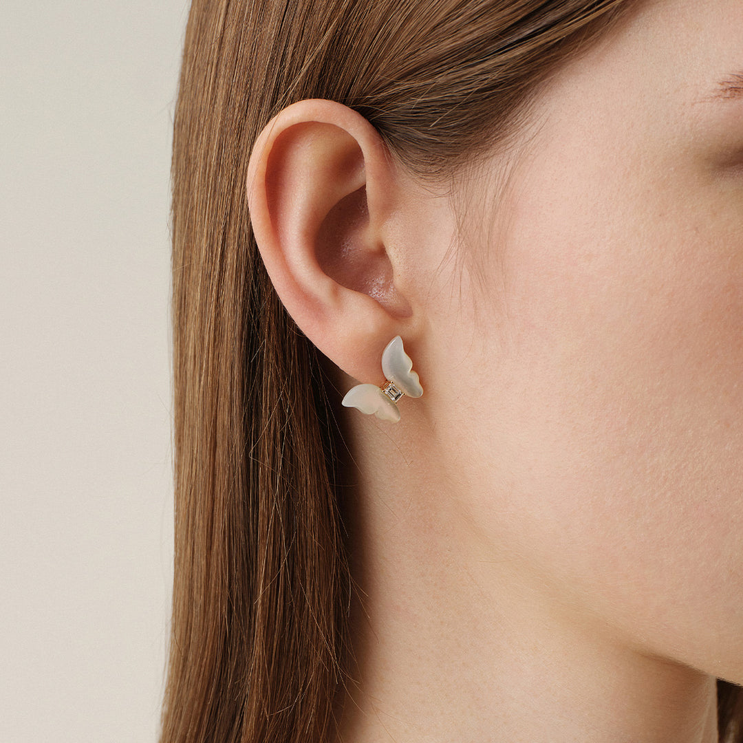 Mother-of-Pearl 9K Gold Lab-Grown Diamond Butterfly Sugar Cube Stud Earrings