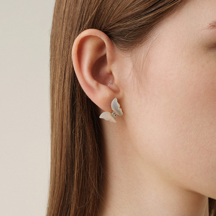 Mother-of-Pearl 9K Gold Lab-Grown Diamond Butterfly Sugar Cube Stud Earrings
