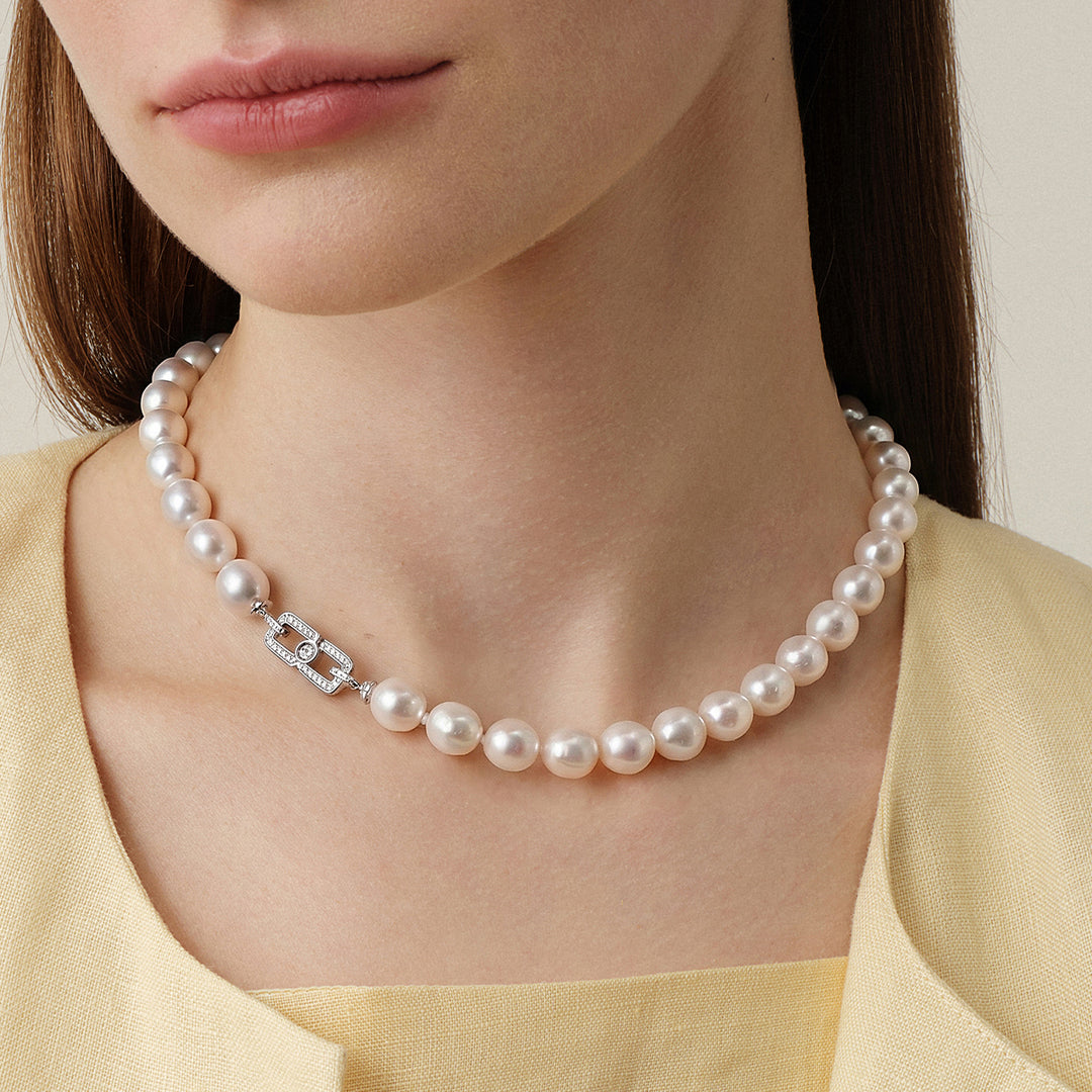 Oval Freshwater Pearl 925 Sterling Silver Cubic Zirconia Double Clasp Necklace